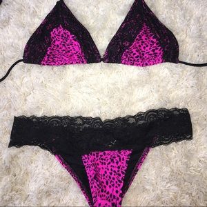Hot pink black lace bikini